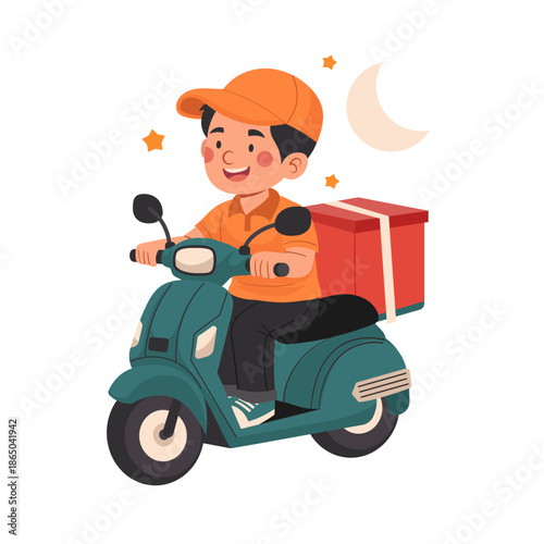 Express Delivery Courier Riding Scooter at Night Illustration