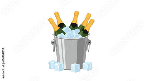Silver bucket filled with champagne bottles chilling in ice, ready for a celebration, party, or special occasion, isolated on white.