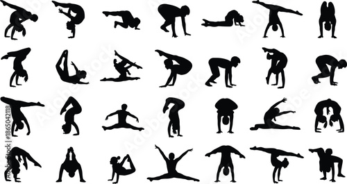 Set of gymnastics and acrobatics player silhouettes, flexible athletes performing handstands and yoga poses, isolated vector illustration on white background, sport action elements (24 words)