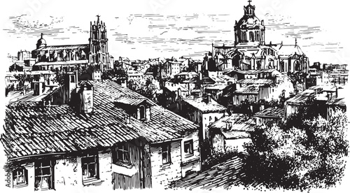Hand-drawn skyline of an old European town featuring cathedrals and detailed rooftops. This black and white vector illustration showcases traditional architecture.