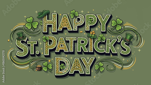 Festive happy st patrick s day graphic with shamrocks hats and ornate golden lettering