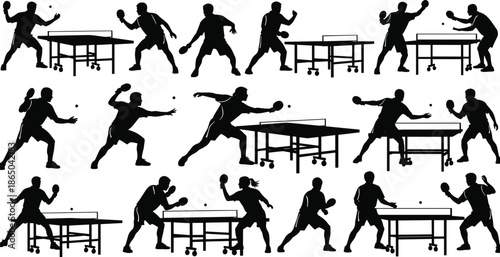 Set of table tennis player silhouettes, ping pong athletes with paddles and balls, indoor sports action poses, isolated vector illustration on white background (22 words)