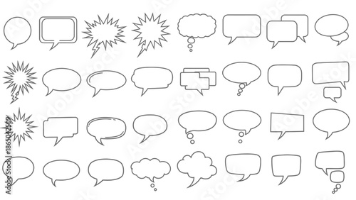 Collection of various black and white comic book speech bubbles and thought bubbles illustrations