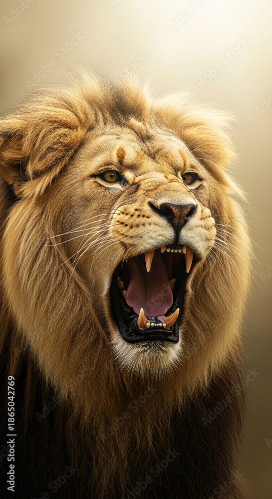 Fototapeta premium Close-up of roaring lion, tawny mane, sharp teeth, intense gaze. Represents power, strength, wild nature.