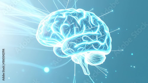 An abstract transparent human brain floats like a bioluminescent jellyfish creature through the deep blue marine life of a dark underwater ocean