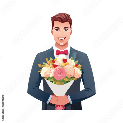 A handsome young businessman in a suit and tie holds a romantic bouquet of roses as a gift for a Valentine celebration or wedding