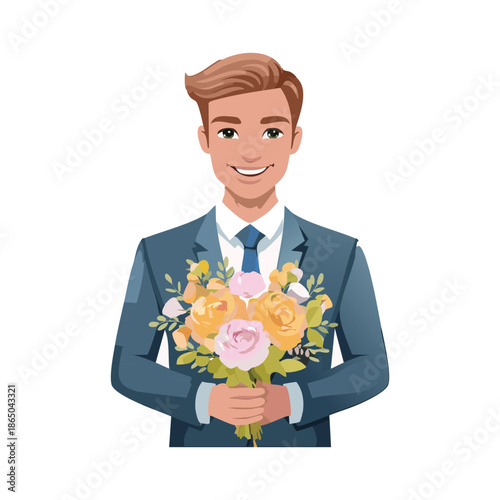 A handsome smiling businessman in a suit and tie is holding a romantic bouquet of roses as a Valentine celebration gift or wedding present for the one he loves