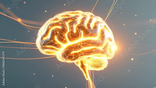 A medical illustration of a human brain glowing with energy and intelligence inside a dark skull concept