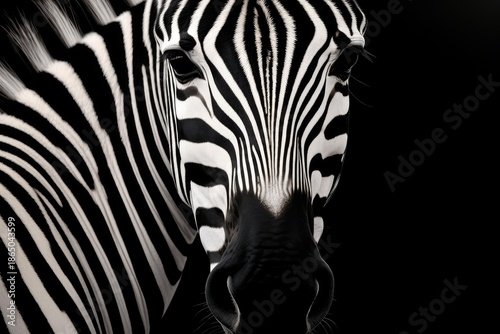 Zebra head close up portrait with bold black and white stripes against a dark background