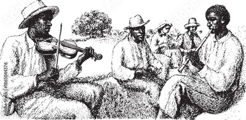 Musicians playing violin and flute in a rural setting. Traditional art illustration showcasing culture and interaction in a performance set vector.