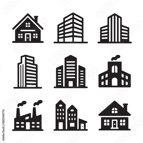 Set of building icons for real estate development and urban landscape design features architecture engineering infrastructure and city planning isolated on white