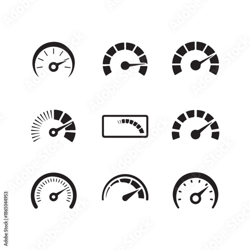 Set of Gauge Meter Dashboard Panel Vector Icons Speedometer Indicator Measure Equipment Tachometer Display Low Normal and High Level in Isolated Transparent Background