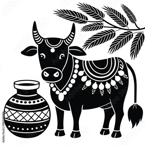 A cute black and white cartoon cow and calf standing isolated on a farm as a funny vector illustration of dairy cattle and livestock in nature