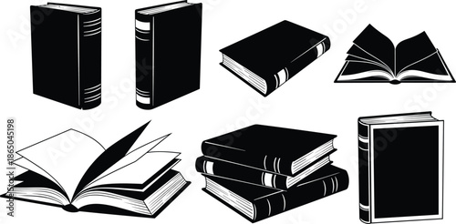Black white book illustrations, open closed books, stacked layout, graphic design, educational concept, literary theme, minimalist style, modern art