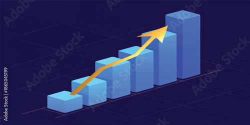 A 3D business financial graph with a green arrow shows market growth and stock success on a black background as bar chart data reports a vector illustration of increasing sales profit