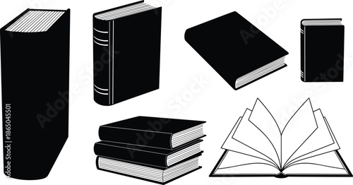 Book illustration set, black white vector, open closed books, stacked layout, spine detail, minimalist design, educational theme, literary concept