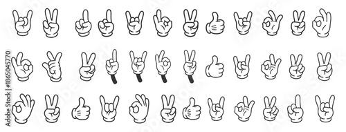 Retro Cartoon Hand Gestures Mega Set, Classic Comic Book Style Hands, Thumbs Up, Peace, OK, and Rock Sign Icons, Black and White Vector.