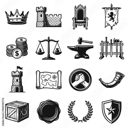 Medieval Icon Set Featuring Coins, Scales, Castle, Map, Seal, Laurel Wreath, Anvil, Crate
