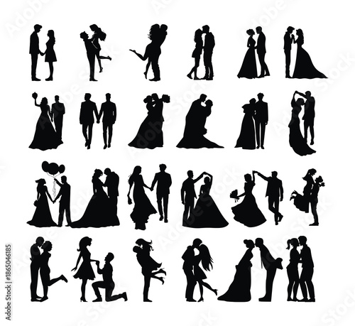 Wedding couple silhouettes set, romantic love poses, bride groom dancing, engagement proposal scenes, black white vector collection, icons, illustration, design