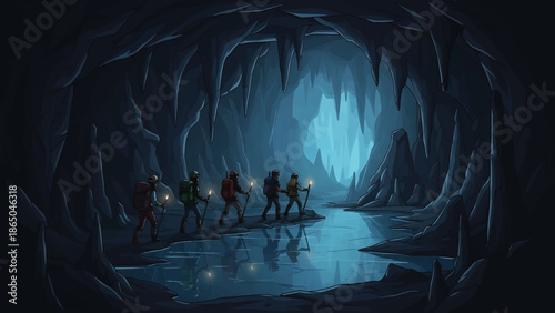 An illustration depicts a group of explorers trekking through a vast, dark cave, illuminated by their torches. Water reflects the cave's structure