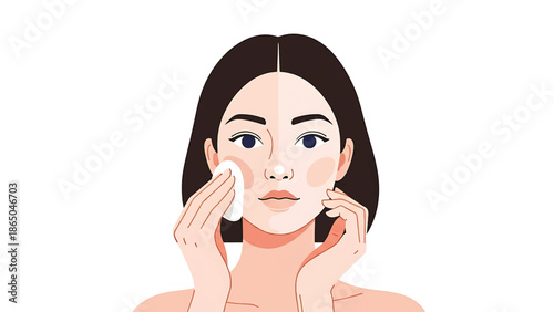 A woman is depicted using a cotton pad on her face. Her skin tone is bisected, highlighting a skincare routine. It is a visual representation of self-care