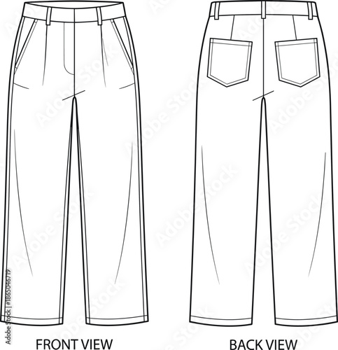 Technical fashion illustration of wide leg pants front and back view apparel flat sketch for clothing design production blueprint, vector, denim, trousers, template, drawing
