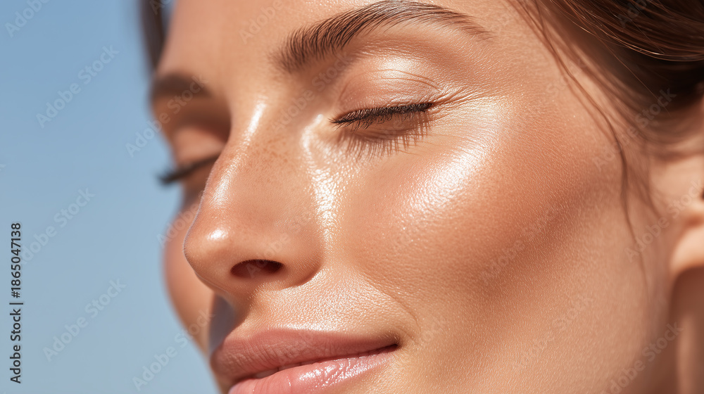 Fototapeta premium Glowing skin close up of side face near temple with soft sunlight highlighting smooth natural complexion and relaxed expression on young woman outdoors