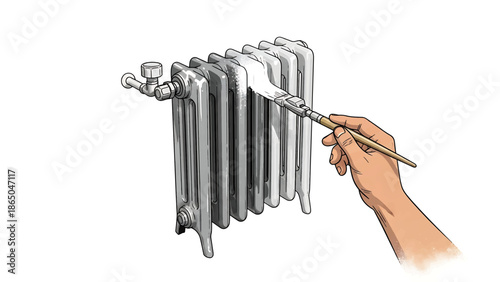 An illustration depicts a hand using a paintbrush to apply white paint to a cast iron radiator. The radiator is partially painted