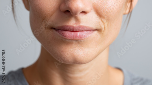 Close up of mildly irritated skin under lip area showing natural texture and soft warm tone on female face with subtle smile expression