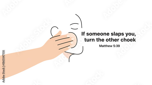 An illustration depicting a hand about to slap a face outline. Accompanying text suggests turning the other cheek, referencing Matthew 539