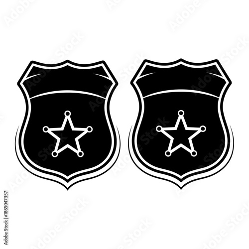 Two Police Badges with Star Symbol in Black and White.