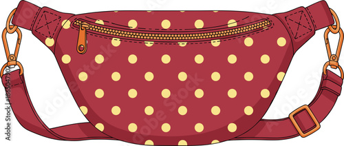 Polka dot waist bag vector illustration with adjustable strap isolated on white background for fashion and travel design