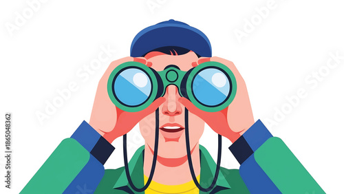 An illustrated depiction of a person looking through binoculars, focusing on the eyes and the act of observation