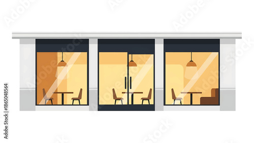 An illustration depicting the facade of a building, showcasing a restaurant interior visible through large windows
