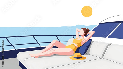 An illustration depicting a person in a yellow swimsuit relaxing on a yacht deck under the sun, enjoying ocean views