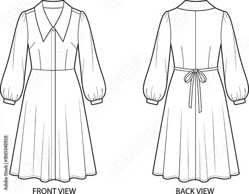 Women dress technical fashion sketch, front and back view line drawing, long sleeve midi dress design, apparel flat illustration, clothing pattern, garment blueprint