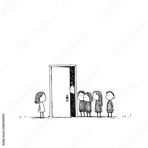 A group of children are gathered around a slightly open door with one child standing alone nearby waiting