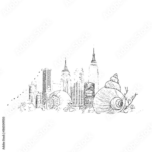 Illustration of city skyline with tall buildings and two large snail shells in black and white style art
