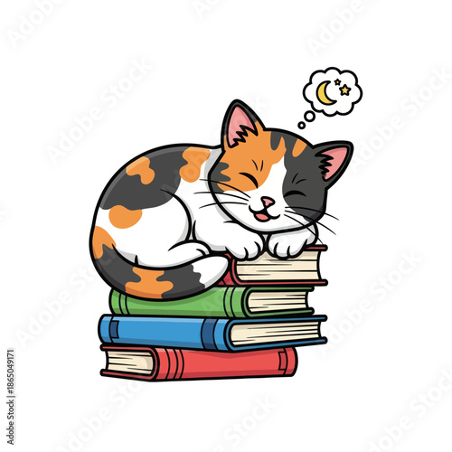 Calico Cat Napping on Stack of Books Dreaming of Moon.