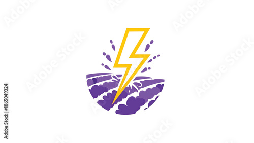 A yellow lightning bolt bursts above a half-circle filled with stylized purple clouds and water droplets on a white background