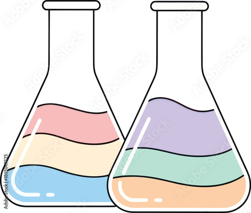 Illustration of a multi-layered chemical experiment with colorful liquids in lab flasks for