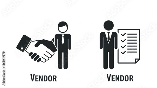 Two businessmen shaking hands and standing next to vendor checklist icon
