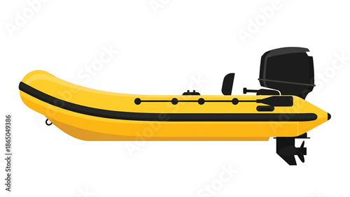 A yellow inflatable boat with a black motor, oar holders, and a black stripe design along the side. It is set against a white background