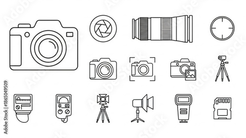 Collection of various photography equipment and camera icons