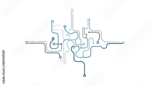 An abstract illustration with interconnected lines in varying shades of blue and gray, forming a complex pattern on a white background