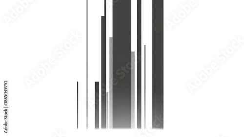 An abstract composition featuring vertical bars of varying widths and shades of gray on a white background, creating a visual rhythm