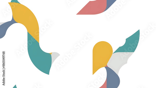 An abstract composition featuring rounded shapes of various colors and textures on a clean white background. Geometric forms create a playful aesthetic