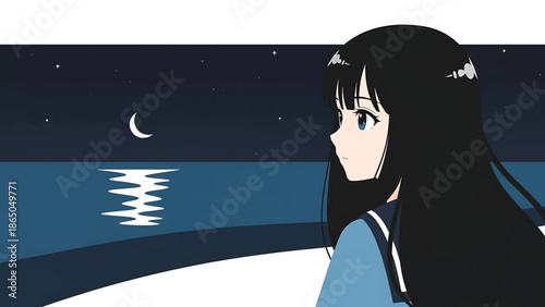 An anime-style illustration of a girl looking towards a night sky with a crescent moon, water reflection, stars, and an ocean. The style appears flat