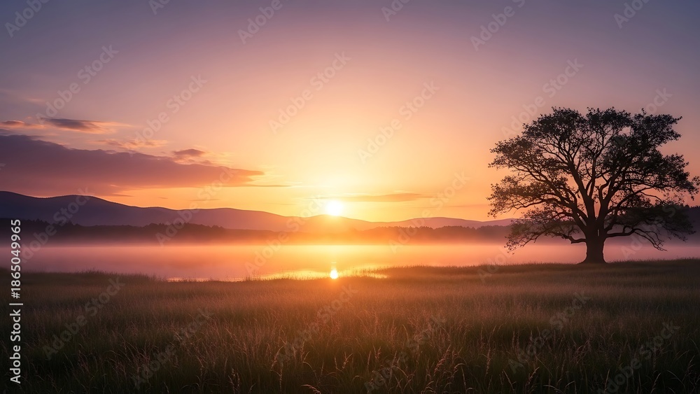 Fototapeta premium Serene Landscape with Tree at Sunset.
