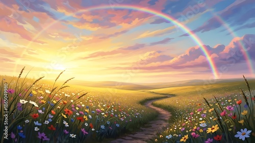 Rainbow over a field of flowers at sunrise.
